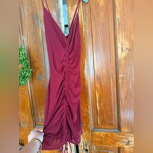 Lulu's Sparkle Ruched V-Neck Midi Dress in Wine Red